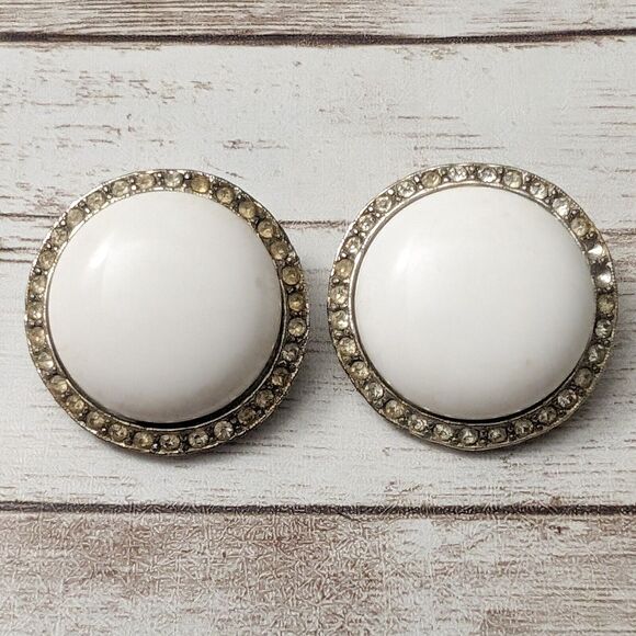 Vintage Charel Clip On Earrings - 1.25" White with Halo - Missing Gems - Picture 1 of 9
